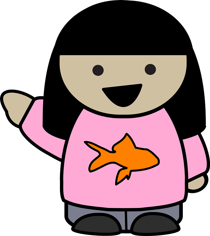 Girl wearing a fish shirt pointing