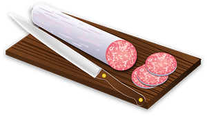 Salami on a cutting board with a knife