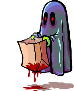 Ghost holding a dripping bloody bag