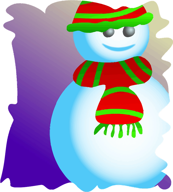 Snowman with striped scarf and hat on purple background