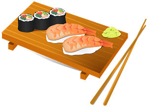 Sushi on a board with chopsticks