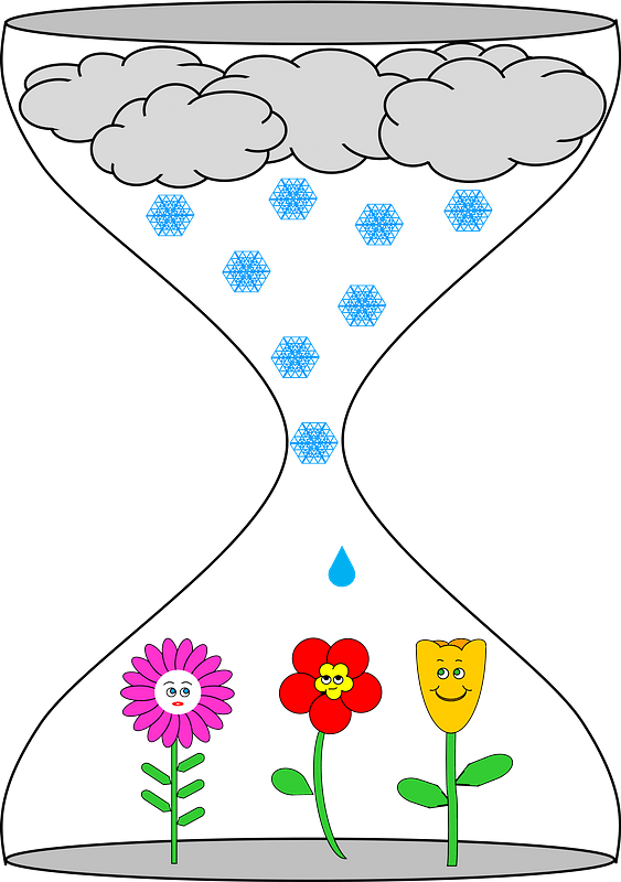 Hourglass with Clouds, and Rain Falling on Flowers