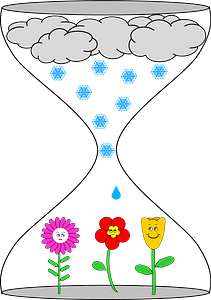 Hourglass with Clouds, and Rain Falling on Flowers