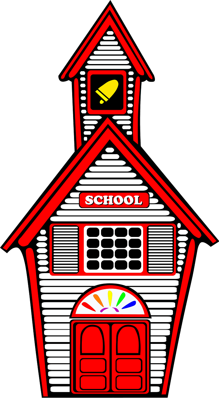 White schoolhouse with red trim
