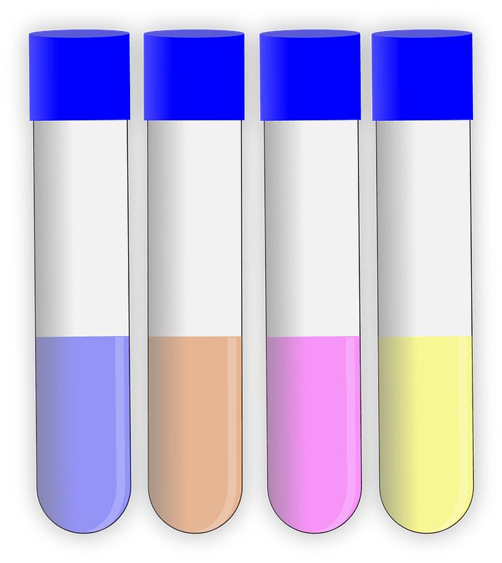 Capped test tubes half-filled with different color liquid
