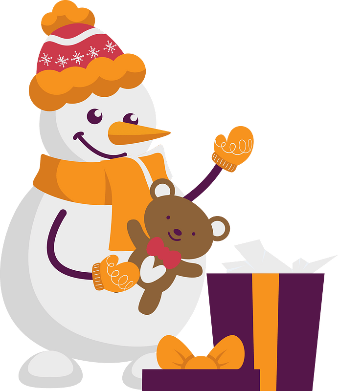 Snowman unwrapping a present