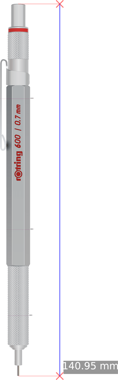 Silver Rotring 600 Mechanical Pencil with Dimensions