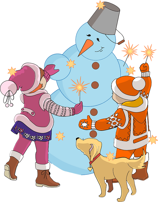 Children and snowman celebrating Happy New Year