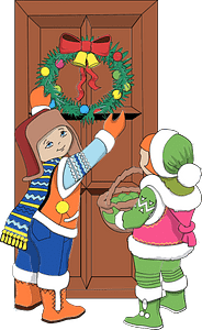 Children decorating a door with Christmas wreath 