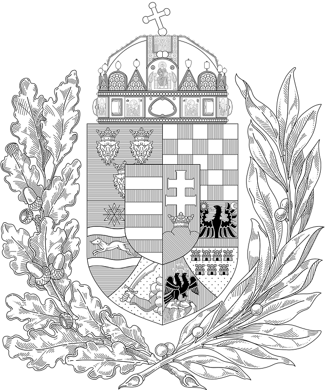 Coat of arms of the Lands of the Holy Hungarian Crown (1915-1918, 1919-1946; oak and olive branches; monochrome)