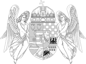 Royal coat of arms of the Kingdom of Hungary (1915-1918; angels; monochrome)