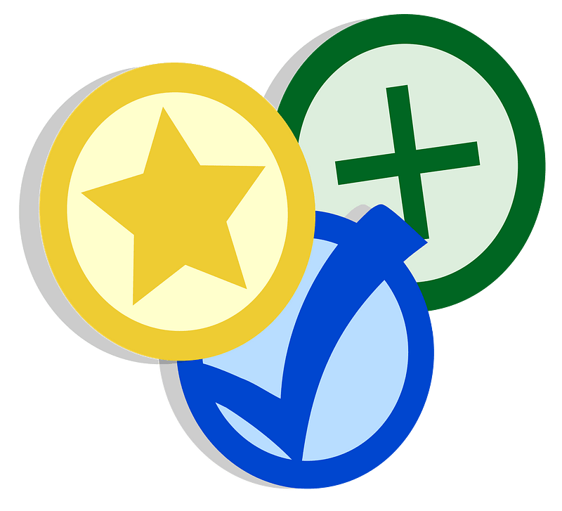 Yellow star, blue check, green plus
