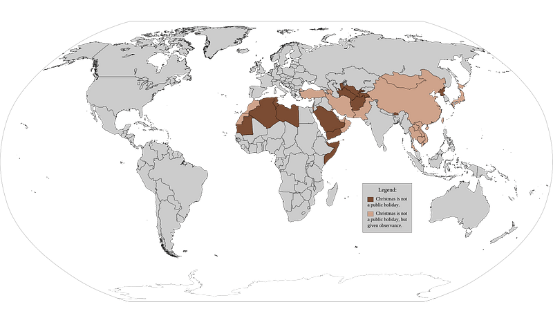 Map of Countries that do not recognize Christmas as Public Holiday