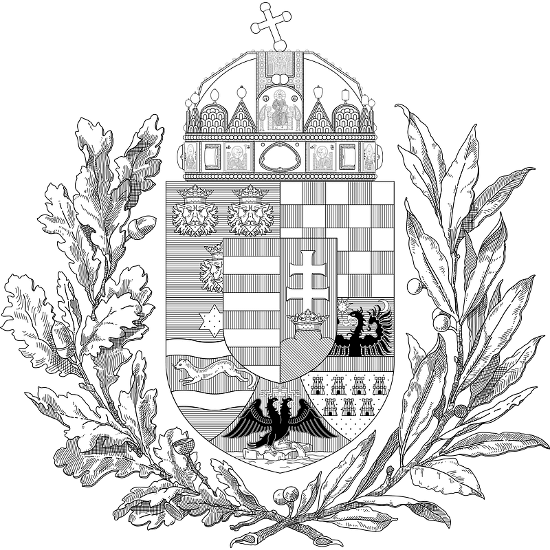 Coat of arms of the Lands of the Holy Hungarian Crown (1896-1915; oak and olive branches; monochrome)