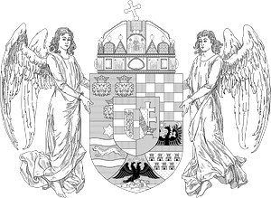 Royal coat of arms of the Kingdom of Hungary (1896-1915; angels; monochrome)