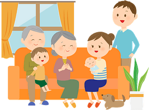 Three Generation Family Around the Sofa