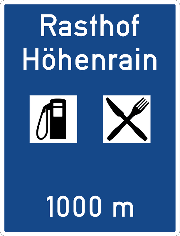 Vorankündigung einer Autobahnraststätte, frühe Version nach den Vorgaben der StVO 1970