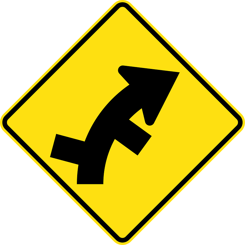 (W2-11) Staggered side road intersection, first from left on a curve on right