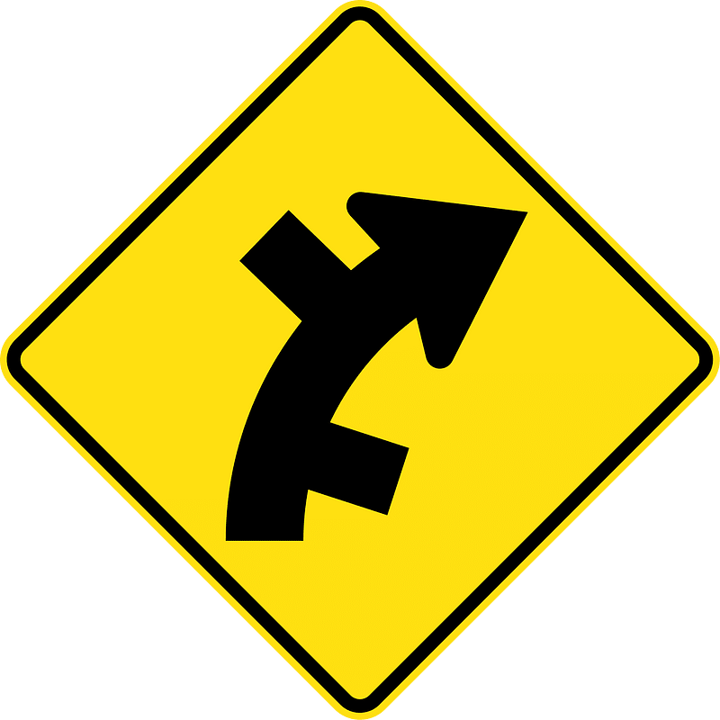 (W2-12) Staggered side road intersection, first from right on a curve on right