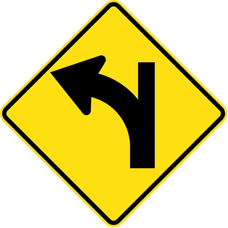 (W2-16) Side road intersection, entering straight ahead on a curve on left