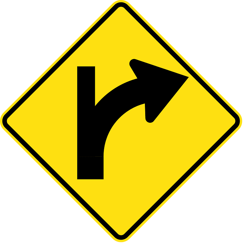 (W2-16) Side road intersection, entering straight ahead on a curve on right