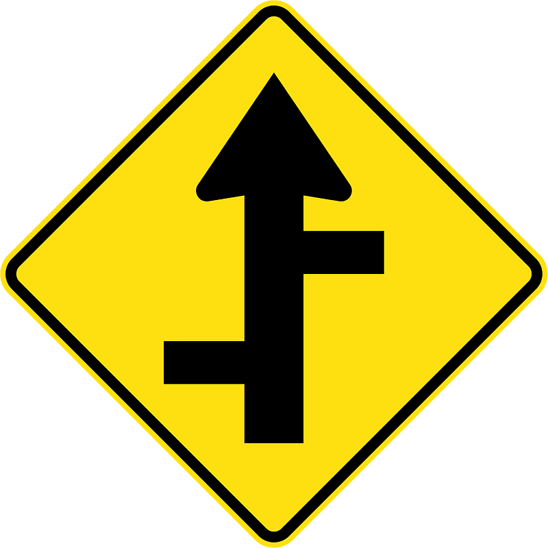 (W2-8) Staggered side road intersection, first from left