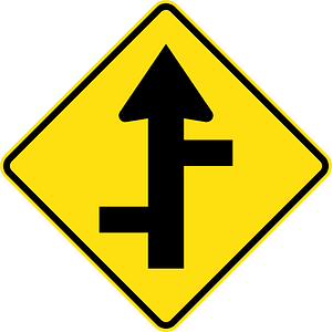 (W2-8) Staggered side road intersection, first from left