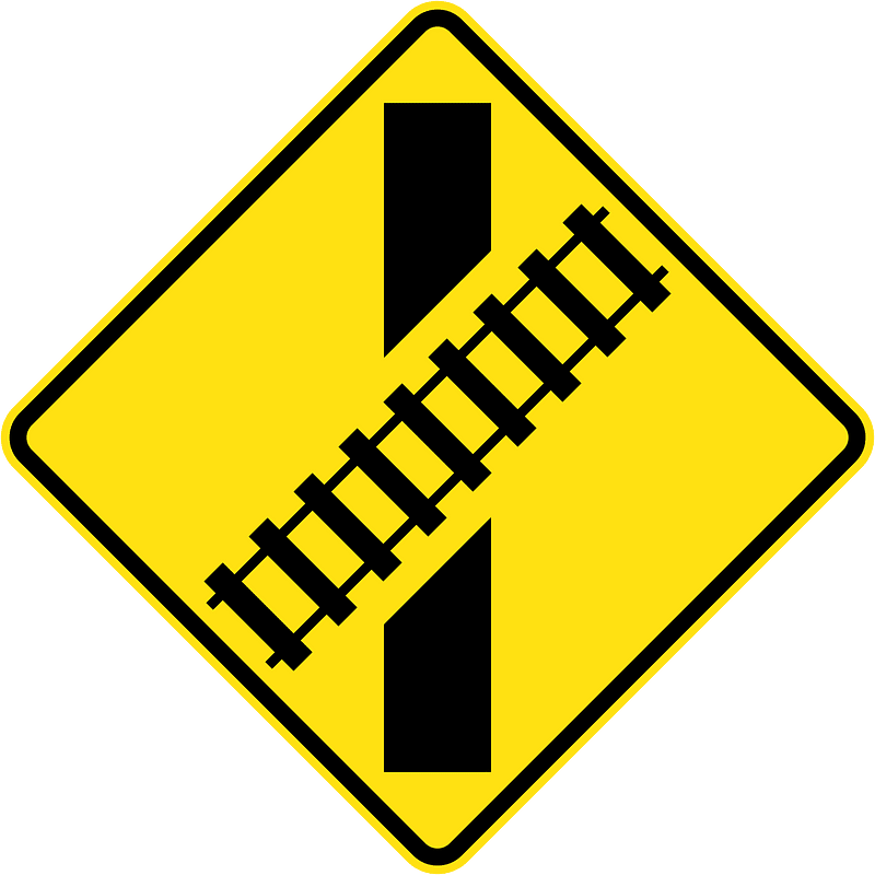 (W7-9) Railway Level Crossing on Road ahead (skewed) (left)