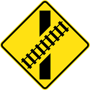 (W7-9) Railway Level Crossing on Road ahead (skewed) (left)