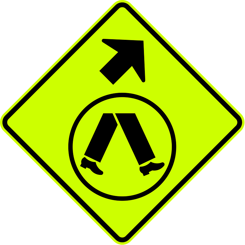(W6-V2-1) Pedestrian Crossing Ahead on Side Road (veer right) (Used in Victoria)