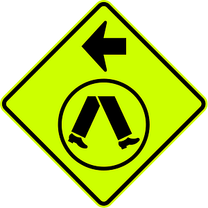 (W6-V2-2) Pedestrian Crossing Ahead on Side Road (turn left) (Used in Victoria)