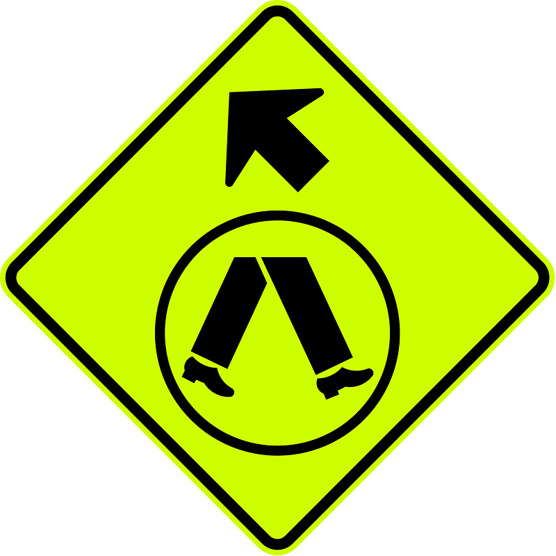 (W6-V2-1) Pedestrian Crossing Ahead on Side Road (veer left) (Used in Victoria and Queensland)
