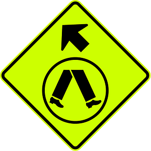 (W6-V2-1) Pedestrian Crossing Ahead on Side Road (veer left) (Used in Victoria and Queensland)