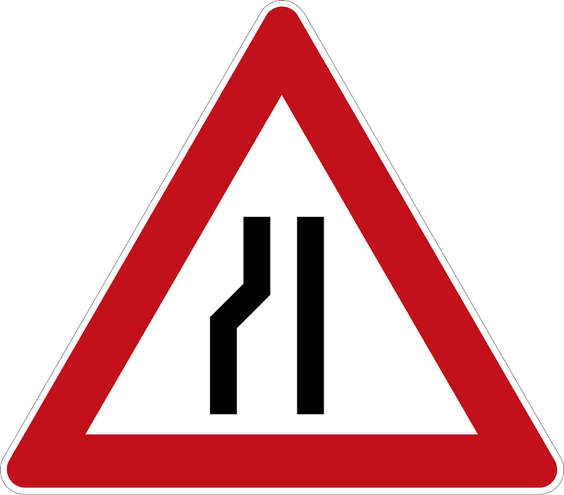 Road narrows on the left, 1-Way Zipper Rule Applies, 2-Way Oncoming Traffic Yields to You)