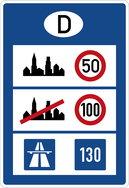 Maximum (or recommended) Speeds in Germany for Developed/Urban Areas (50), Bundesstraßen (100) & Autobahn (130)
