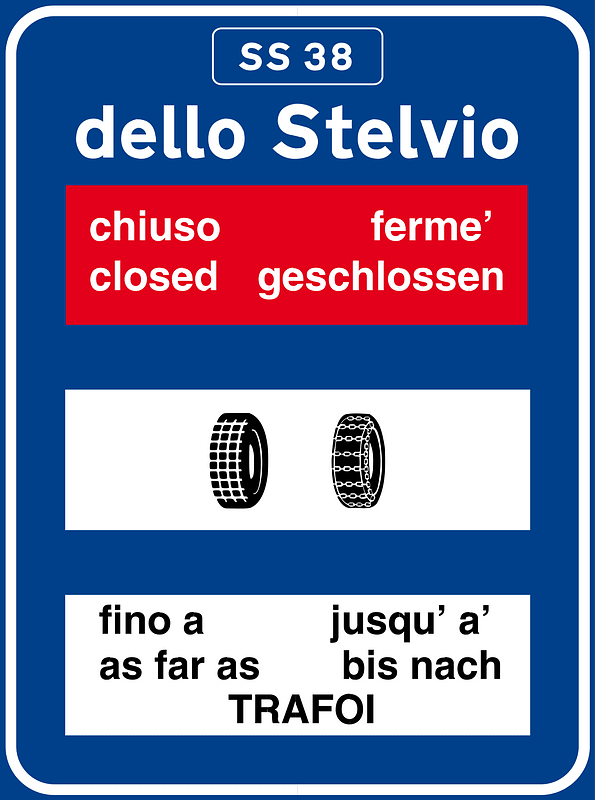 Information about road condition of passes: road closed after the town shown and advised snow chains