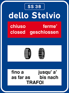 Information about road condition of passes: road closed after the town shown and advised snow chains
