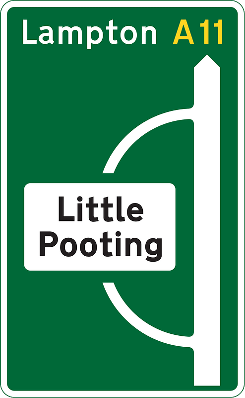 Junction ahead of a primary route with a non-primary route through a town or village that has been by-passed