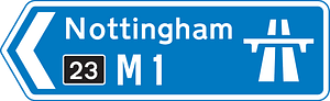 Direction to a motorway at the junction shown, indicating route number and destination reached