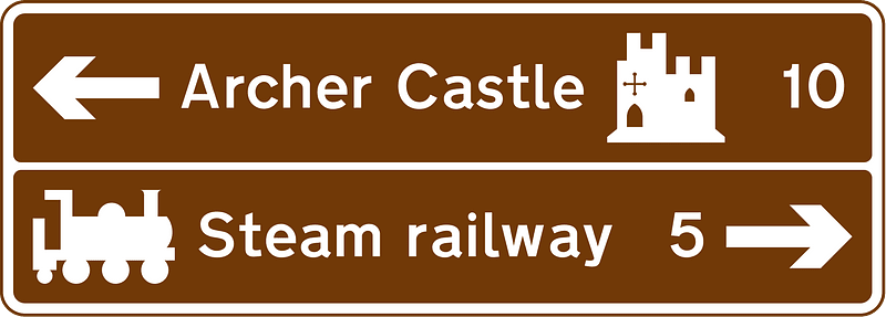 Junction ahead from a motorway exit slip road to the tourist attractions shown