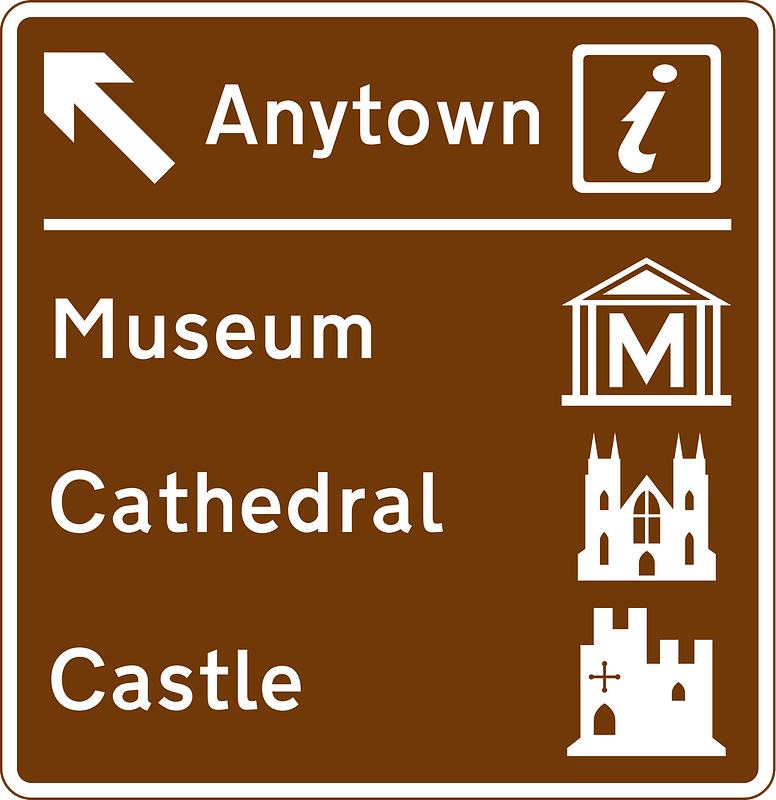 Motorway junction ahead leading to a town or geographical area containing several tourist attractions and a Tourist Information Point or Centre