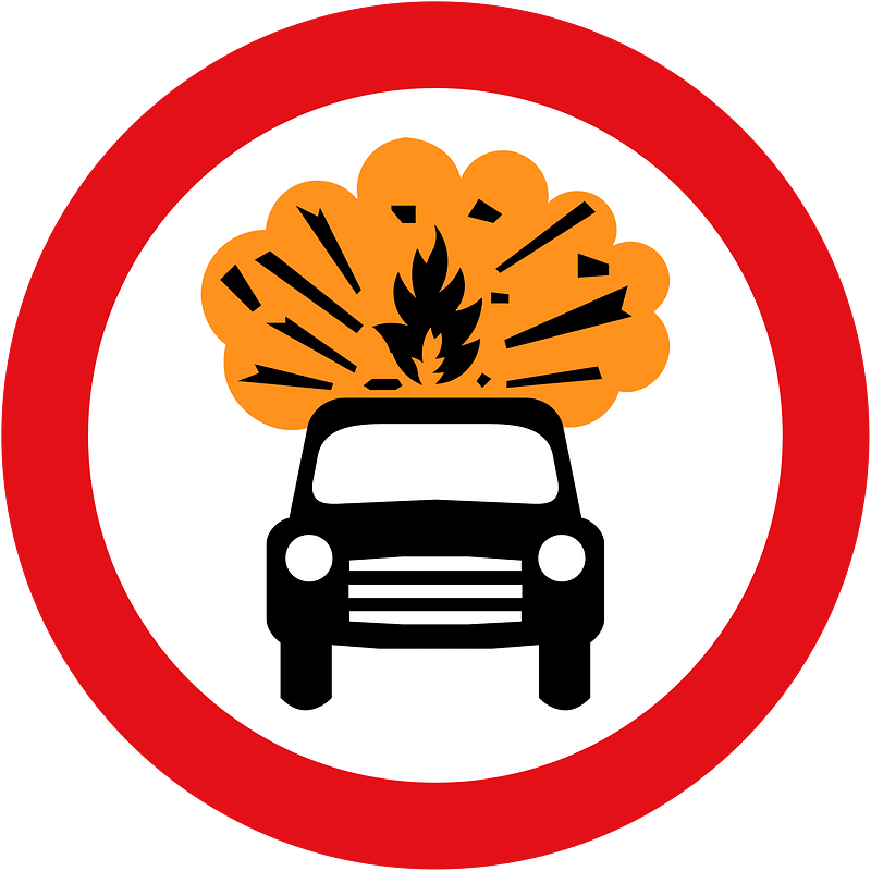 Vehicles carrying explosives (such as fireworks) prohibited. This sign is not actually in the regulations but separately approved by the DoT.