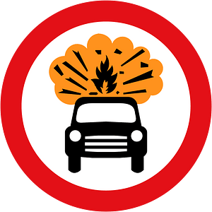 Vehicles carrying explosives (such as fireworks) prohibited. This sign is not actually in the regulations but separately approved by the DoT.