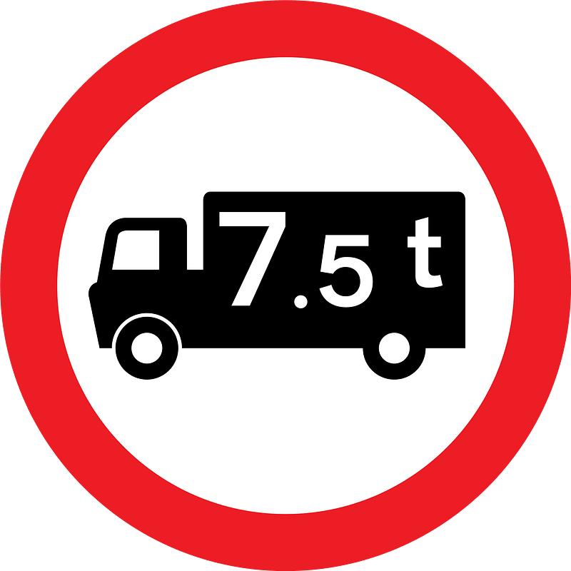 Goods vehicles exceeding an unladen weight of 7.5 t prohibited. This sign may additionally display an exception plate (for example: 'Except for access').