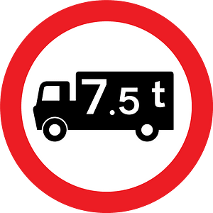 Goods vehicles exceeding an unladen weight of 7.5 t prohibited. This sign may additionally display an exception plate (for example: 'Except for access').