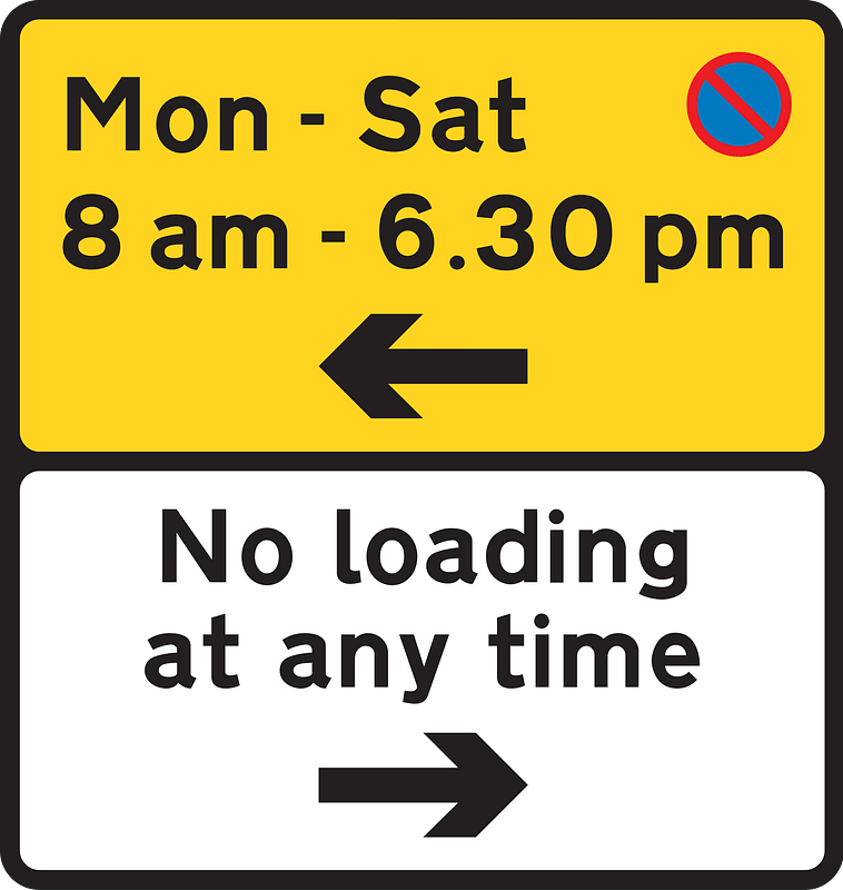 Waiting prohibited in the direction indicated (upper panel), and loading and unloading prohibited in the direction indicated (lower panel)