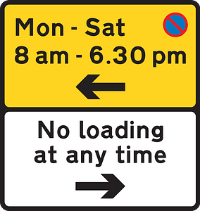 Waiting prohibited in the direction indicated (upper panel), and loading and unloading prohibited in the direction indicated (lower panel)