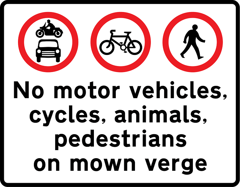 Combines the three prohibitions shown, specifies to where it applies and adds the additional prohibition of animals. The word 'animals' and/or the prohibited pedestrians sign may be omitted