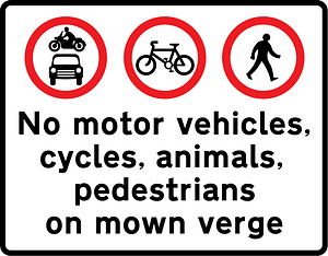 Combines the three prohibitions shown, specifies to where it applies and adds the additional prohibition of animals. The word 'animals' and/or the prohibited pedestrians sign may be omitted