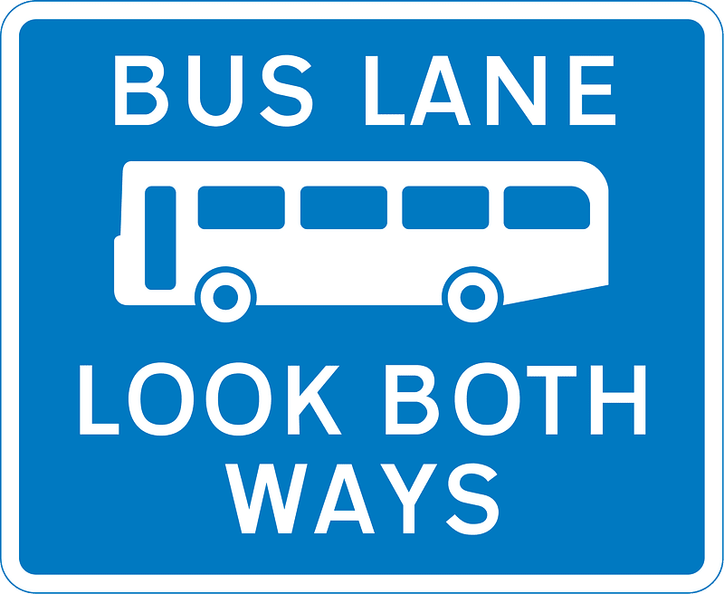 Bus lane with traffic proceeding from both ways (reminder for pedestrians)